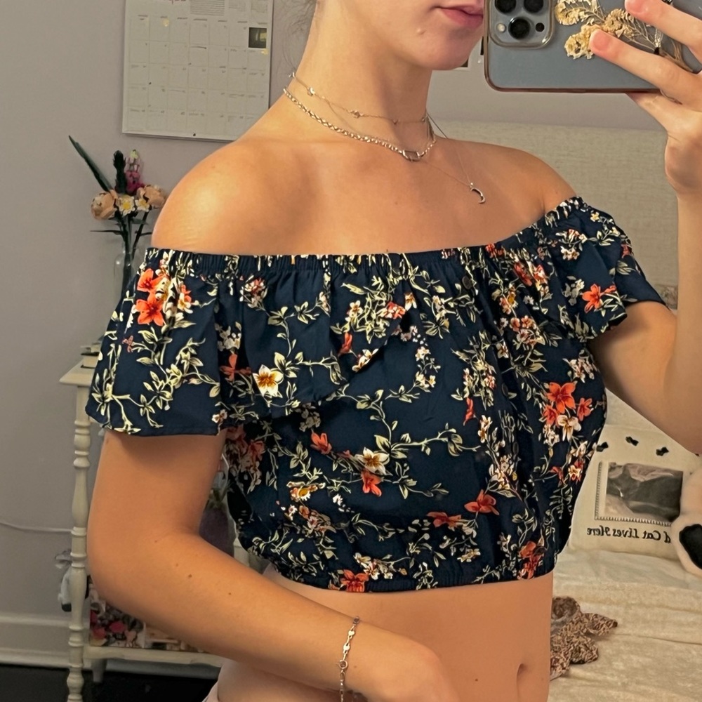 Blue Floral Ruffle Crop Top